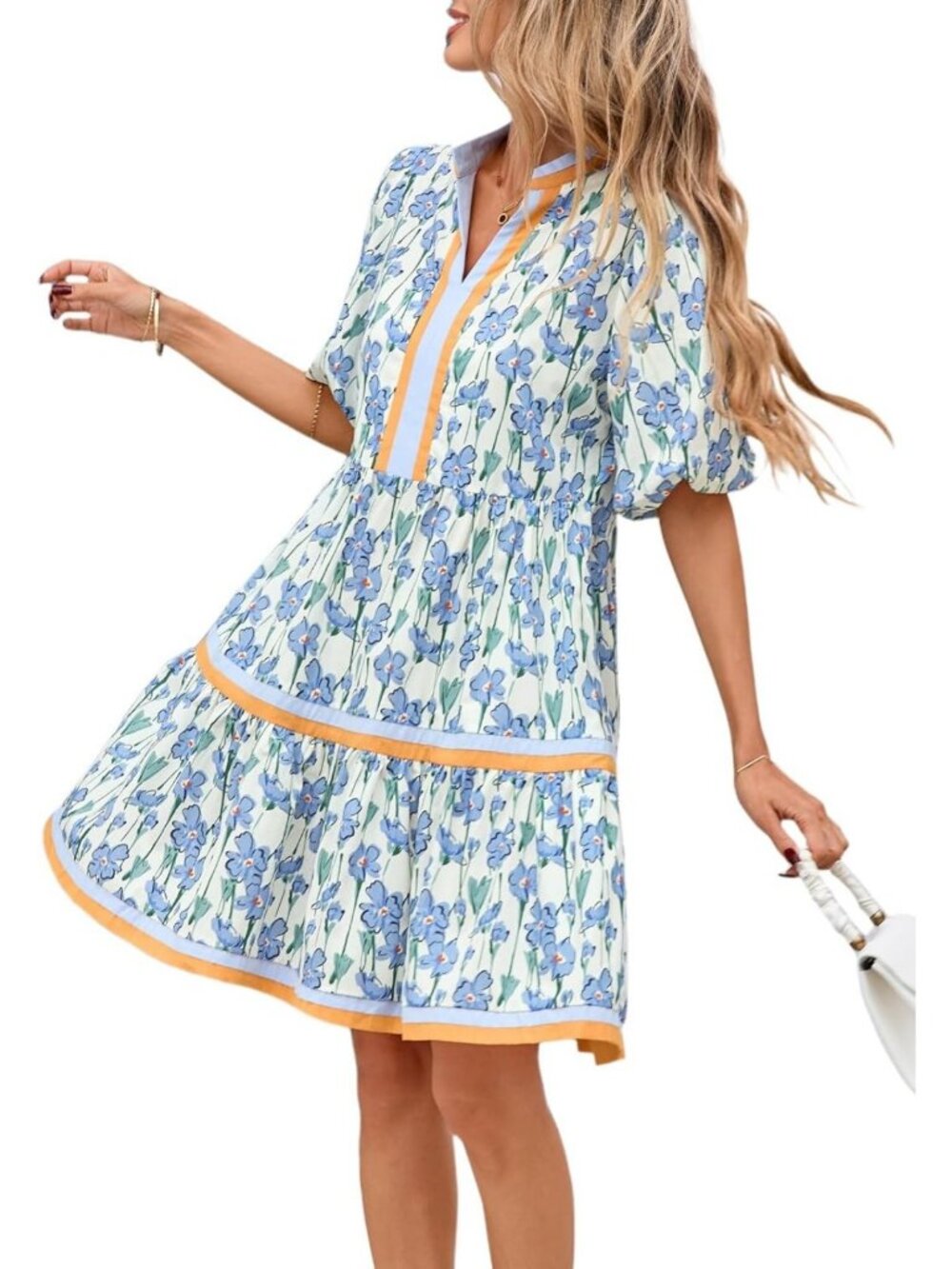 Women Floral Babydoll Mini Dress V Neck Puff Sleeve Striped Color Block Sundress